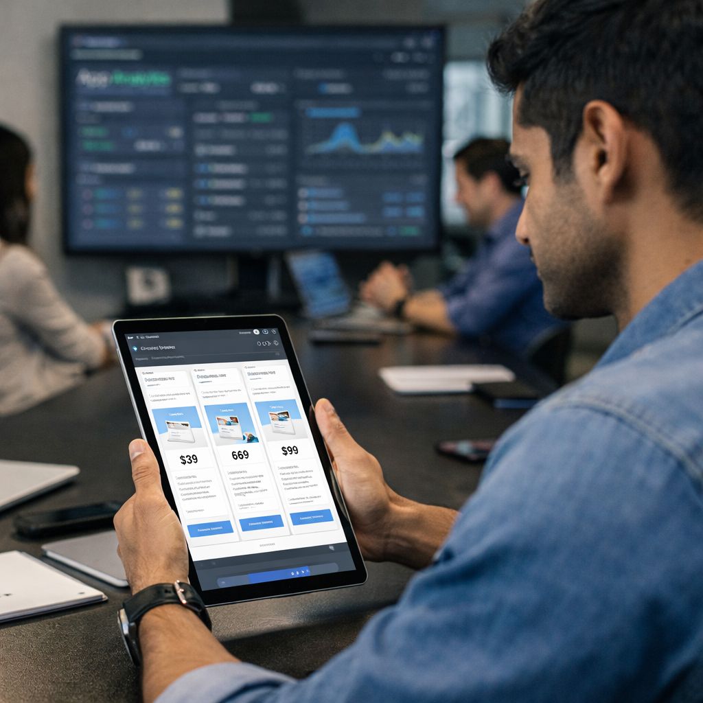 Startup executive reviewing mobile app interface updates and performance metrics.
